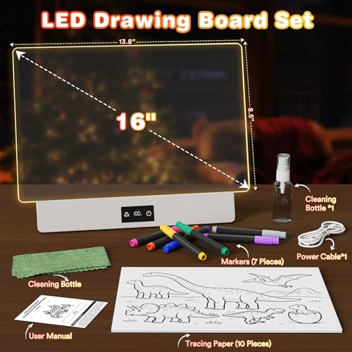 Image of 16 inch LED Drawing Board for Kids, Rechargeable Glow Doodle Board with 10 Light Modes, Anti-Scratch Acrylic Dry Erase Pad, 7 Markers & A4 Tracing Paper, Birthday Gifts for Girls Boys Ages 3-12