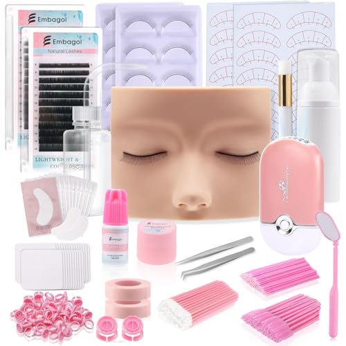 Embagol Lash Extension Practice Kit, Eyelash Extension Training Kit for Beginners, Professional Eyelash Mannequin Head Set with Lash Fan, Lash Shampoo, Lash Adhesive, Glue Rings and Lash Mirror