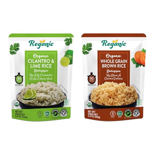 Image of Reganic Organic Rice Variety Pack - Whole Grain Brown Rice & Cilantro Lime Rice (6 Each) | High Protein, High Fiber, Ready in 1.5 Minutes | USDA Organic, Vegan, Gluten-Free, Non-GMO | 8.8 oz (Pack of 12)