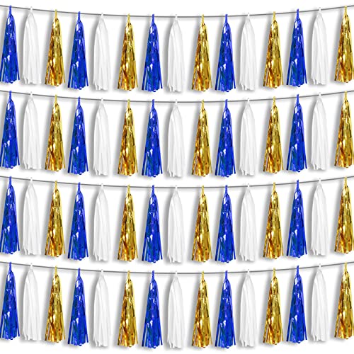 Image of 4P Navy-Blue White-Gold Foil Fringe Metallic Tassel-Garland, Tassels Banner Streamers for Parade Floats, Bachelorette, Wedding, Birthday, Halloween, Christmas, Bridal /Baby Shower Party Decorations