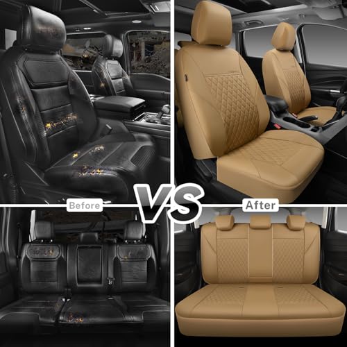 Image of CAR PASS Faux Leather Seat Covers Full Set, Quilting Waterproof Premium Automotive Seat Cover with 5mm Composite Sponge Inside,Airbag Compatible, Universal for Most Cars Sedan SUV Truck, All Beige