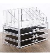 Makeup Organizer, Clear Cosmetic Storage Box with 3 Drawers and 1 Tray, Stackable Jewelry Organiz...