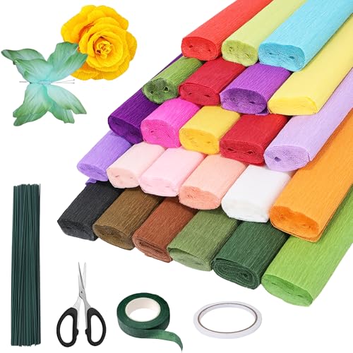 24 Colors, Crepe Paper, Crepe Paper Roll, Papel Crepe, 10 X 98 in, Includes Wreath, Scissors, Double Sided Tape & 100pcs Green Floral Wire, Floral Supplies for Flower Making, Wedding Birthday Decor
