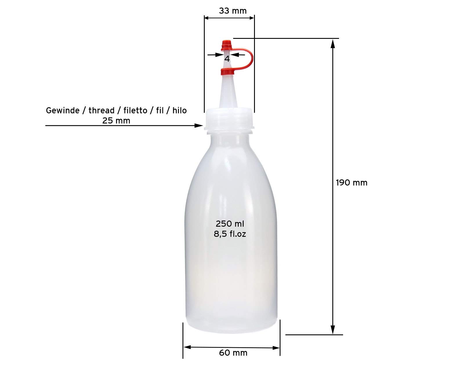 1000x Botellas de plástico de 250 ml de LDPE, natural, G25, tapón de goteo, correa de retención roja y tapón