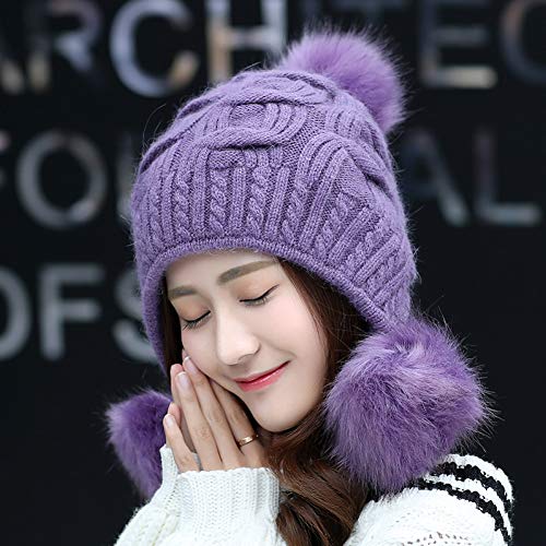 Bonnet tricoté pour femme en coton uni avec cache-oreilles chaud d'hiver