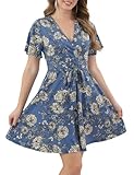 Aphratti Women's Casual Spring Floral Dress Short Sleeve Wrap V Neck Fit and Flare Sexy Summer Dresses Blue Floral Medium