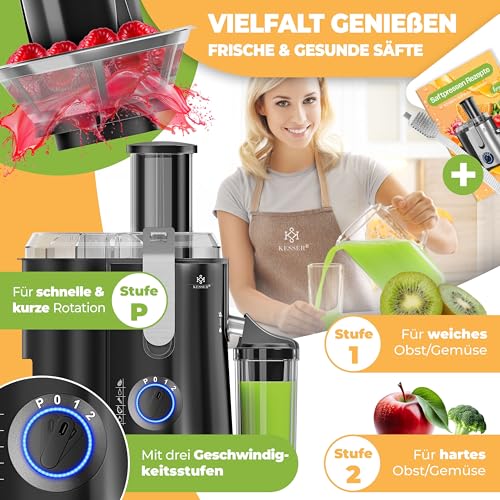 Foto von KESSER® Zentrifuge Entsafter für Obst | Gemüse aus Edelstahl WATTANGABE, große Fütterungsröhre, 3 Stufen, Elektrische Zentrifugal Saftpresse Juicer + Bürste, Saftbehälter, Rezeptbuch, Schwarz/Silber