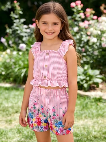 Image of Kids Toddler Girls Summer Clothes Button Design Striped Tank Top + Floral-Print Elastic Shorts 2 Piece Outfits