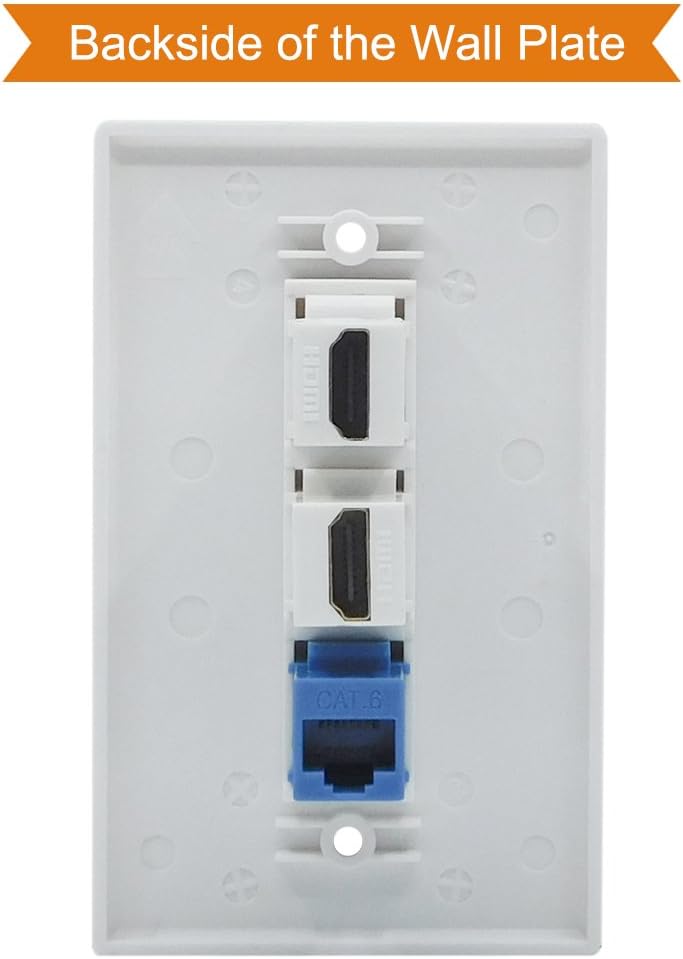 2 Port HDMI CAT6 Ethernet Wall Plate - Dual HDMI CAT 6 RJ45 Keystone Cover Plate in White - 2 HDMI Jacks + 1 CAT6 Ethernet Port