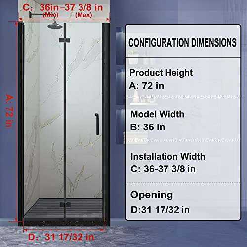 Grogro Frameless Glass Shower Door,36-37.5" W X 72" H Black Bifold Sliding Shower Door,1/4 In Thick Clear Tempered Glass Shower Panel,Matte Black Finish,Pivot Shower Door Installed Left Or Right #TOP2