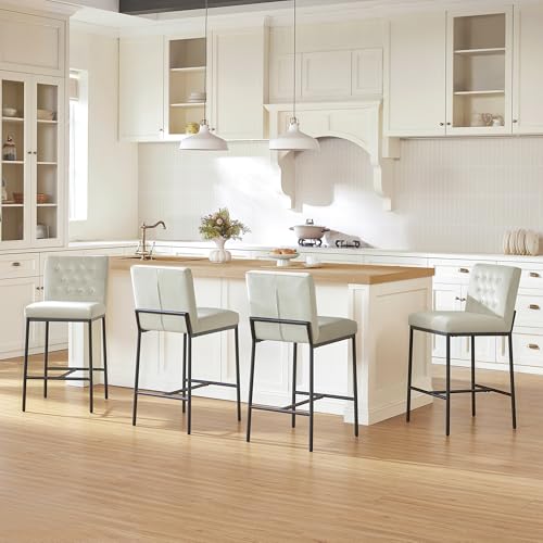 Image of CHITA Modern Bar Stools with Tufted Back Set of 4, 26 inch Counter Height Bar Stool with Metal Legs for Kitchen Island & Dining Room, Ivory Fabric, Black Frame