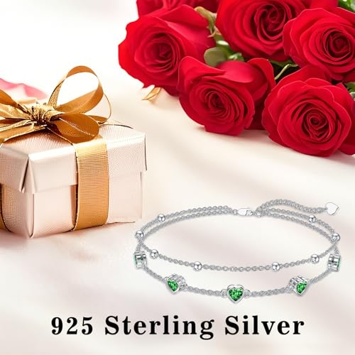 Dorunmo 925 Sterling Silver Heart Birthstone Anklet Bracelets for Women Best Mother's Day Birthday Jewelry for Wife Girlfriend Mom Daughter Her2