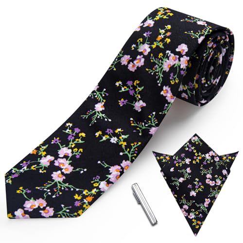 Image of YourTies Cotton Floral Tie for Men 2.5 inch Printed Skinny Necktie Pocket Square Tie Clip Set Flower Wedding Party Groom