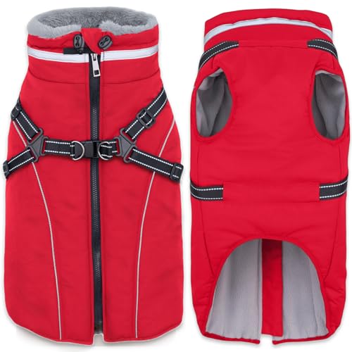 Fragralley Dog Coat with Harness Built in, Waterproof Windproof Reflective Warm Puffer Jacket, Fleece Lined Vest Winter Parka for Small, Medium, Large Dogs