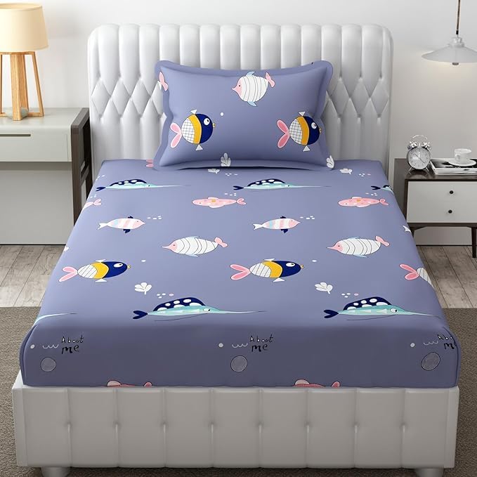 RD FABS Glace Cotton Wrinkle Free Soft Hypoallergenic Bed Sheet | Cartoon Printed Single Bedsheet for Kids with One Pillow Cover (60X90 Inches/Fish/Blue), 144 tc-image-27