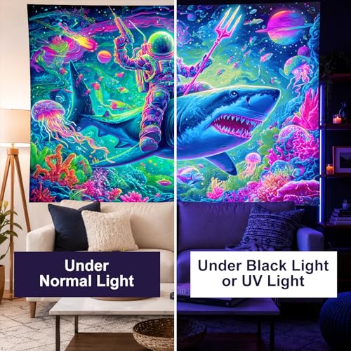 Image of BlissYard Neon Space Astronaut Shark Black Light Tapestry UV Reactive Psychedelic Underwater Galaxy Wall Hanging for Living Room Bedroom Dorm Room Bar Party Decor 78x59 Inch