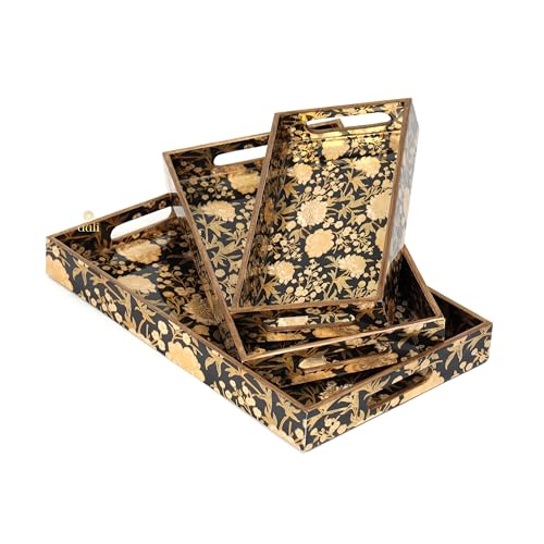 Image of Set of 3 Waterproof Lacquer Coated Wooden Trays - Embossed Floral Design in Gold & Black, Multipurpose MDF Serving Tray with Handles (16x10, 14x8, 12x6 Inches) (PremiumSetof3- BlackFloral)