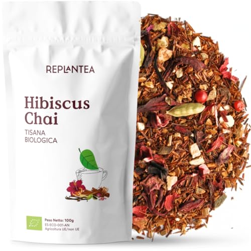 Tisana Biologica Hibiscus Chai 100g | Infuso di Ibisco Speziato con Cannella e Zenzero | Bevanda Autunnale Riscaldante e Avvolgente | Rooibos in Foglie Senza Caffeina REPLANTEA