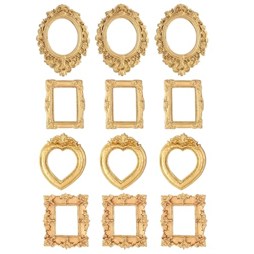 Mini Picture Frames, 12 Pieces Small Antique Resin Vintage Picture Frames Oval Rectangle Wall Display (Gold)