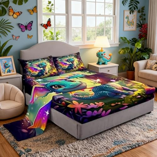 Castle Fairy Lindo juego de sábanas de dragón, tamaño individual, diseño de hongos, flores, mariposas, 3 piezas, color morado, naranja, alas de dragón, sábana bajera ajustable + sábana encimera, 1