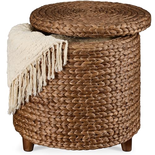 Best Choice Products 17 Round Storage Ottoman W/Lid Handwoven Water Hyacinth Footstool Footrest w/Wooden Legs Accent Side Table Storage Container Plant Stand - Chestnut