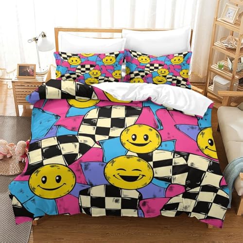 Housse de couette microfibre 200x200 lavable machine avec visages souriants 3D - 3