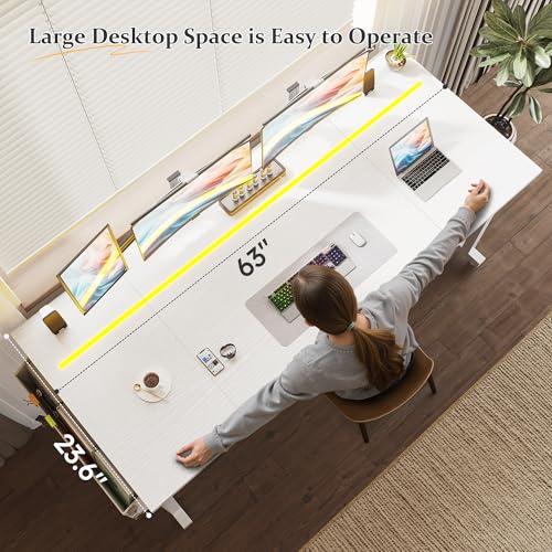 Image of DurayLoly 63 inch Office Desk with LED Lights,Computer White Desk with Storage Bag&Headphone Hook,Spacious Under-Desktop for Study Writing Work Gaming Desk,Sturdy Metal Frame,Bedroom,Rustic Brown