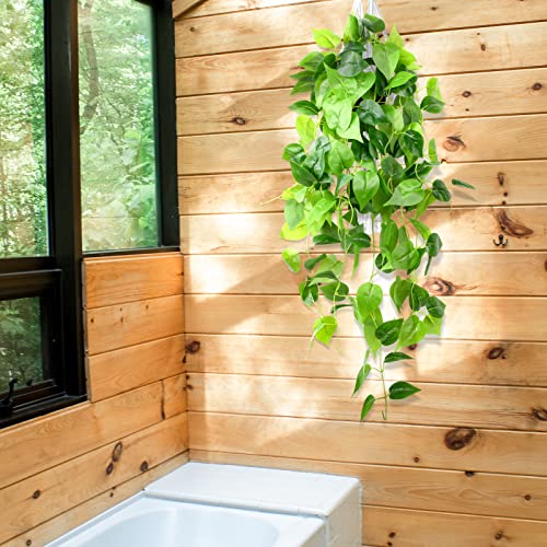 Image of LOYWREE 35.4in Artificial Plants in Black Pot Realistic Fake Hanging Potted Greenery with Faux Ivy Vine & Pothos - Ideal for Shelf, Home, Office, Indoor & Outdoor Garden Decor