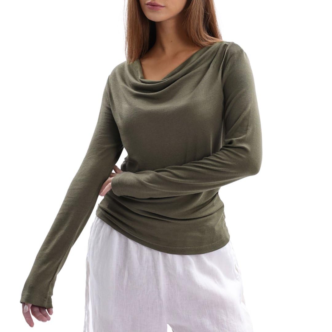 Amazhiyu Women's Wool Cowl Neck Tops Casual Comfort Knitted Long Sleeve T-Shirt
