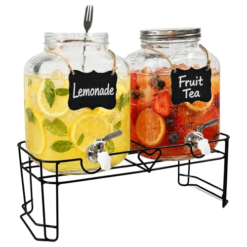 Image of 1.5 Gallon 2 Pack Drink Dispensers for Parties,Glass Drink Dispenser,Beverage Dispenser with Stand,304 Stainless Steel Spigot 100% Leakproof,Lemonade Dispenser,for Weddings, Picnic
