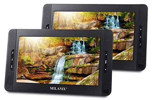 Milanix MX101 10" Dual Screen Portable DVD Player for Car, Headrest Video Player, with Built-In 5 Hours Rechargeable Battery, Last Memory, SD/MMC & USB Input