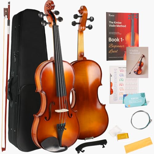 Kmise Violin 3/4 Full Set, High Density Ebony Violins, Glossy Acoustic Fiddle for Adults, Beginners, Students with Violin Case, Rosin, Strings, Bow, Shoulder Rest, Beginner's Guide (Ebony, 3/4)