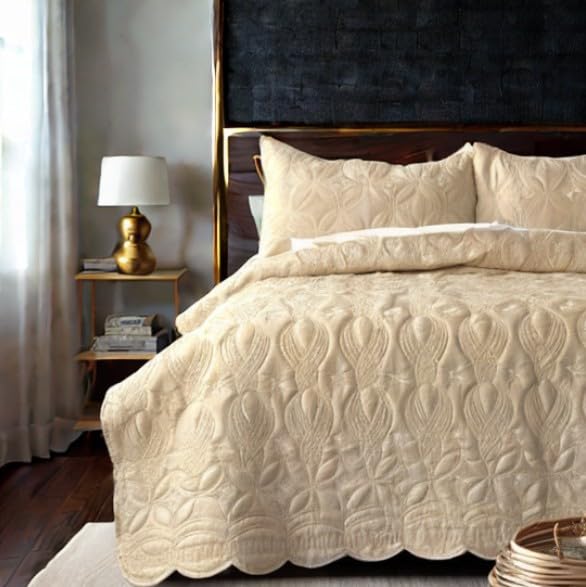 ADCO BloomNest Bedspread Set (3Pcs, Quilted, Flower Pattern, King-Size Bedcover & Pillow Shams), Blue, Brown, Cream, Grey, 230 x 254 cm, 2.5 kg (Cream)-image-17