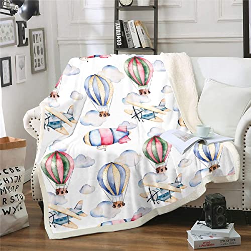 Feelyou Kids Sherpa Blanket Aircraft Hot Air Balloon Fleece Throw Blanket Cartoon Airplane Plush Fuzzy Blanket for Sofa Bed Couch 30