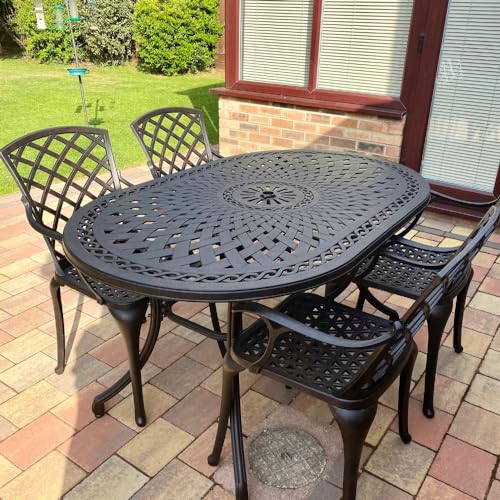 Lazy Susan June 4 Seater Oval Garden Table and Chairs Set | Maintenance Free | Weatherproof | Cast Aluminium | Antique Bronze Finish | 4 Matching Emma Chairs | No Cushions | 3 Year Guarantee