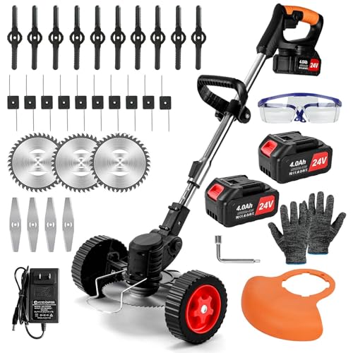 Weed Wacker Cordless,24v Electric Weed Eater Battery Powered,3 in 1 Lightweight Grass Trimmer with 2 4.0 Ah Batteries & Charger, Height Adjustable Wheeled Brush Cutter for Women,Lawn Care,Garden,Yard