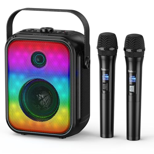 Karaoke Machine, Portable Bluetooth Speaker with 2 Wireless Karaoke Microphones, Karaoke Machine for Adults Kids with Subwoofer, LED Light Support TWS/FM/USB/AUX for Home Party Outdoor