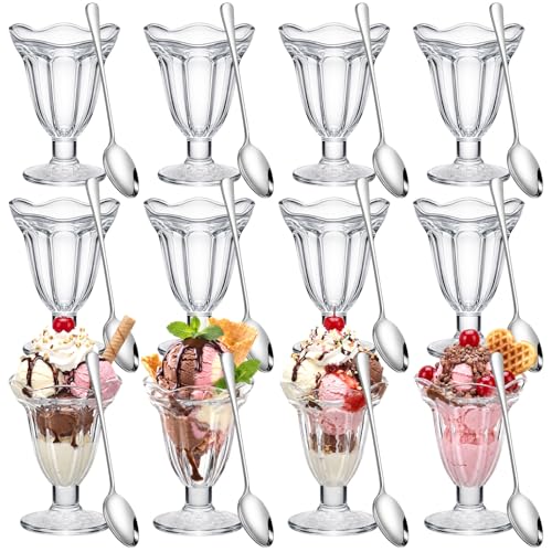 Acellegic 12 Pcs Glass Dessert Cups Set, 6.8 oz Clear Tulip Sundae Cups with Long Handle Spoons, Footed Parfait Trifle Glasses for Valentines Dessert, Date Night Fruit Cocktail