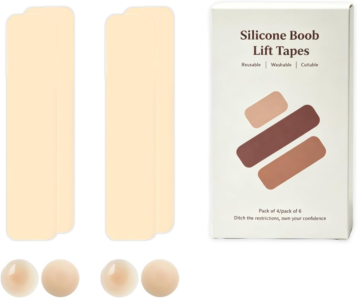 Silicone Boob Tape for Breast Lift & Push Up, Reusable Skin-Friendly Adhesive Tape with 4 Pcs 5cm Nipple Covers