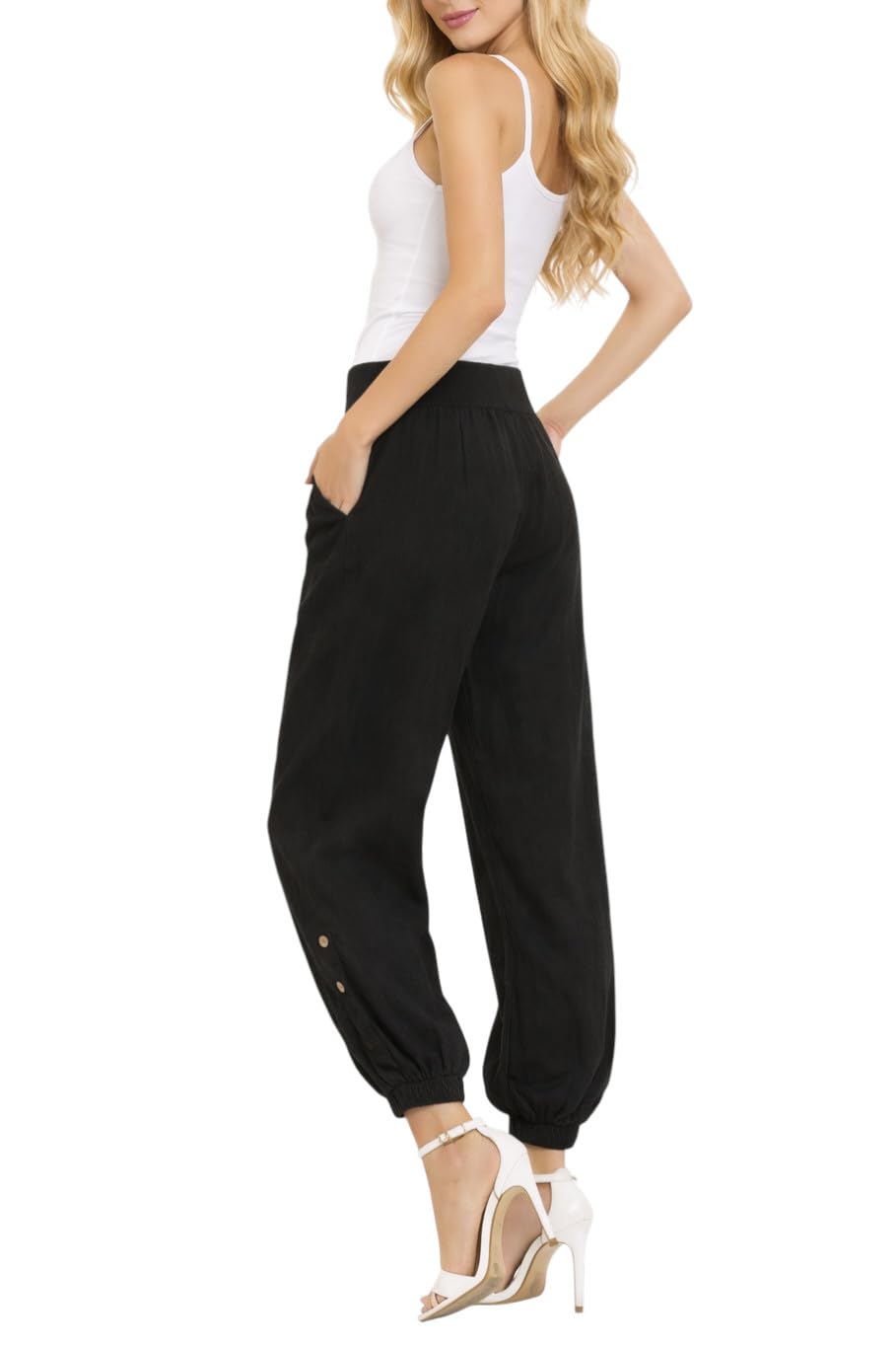 Mississhop Pantalon de loisirs décontracté pour femme en toile 100 % lin avec boutons uni - Noir - W44