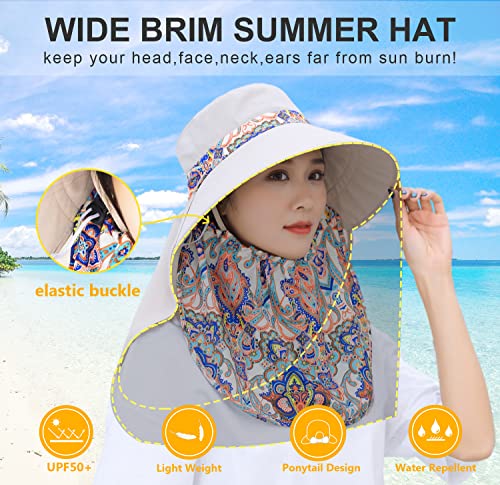 Image of Women Wide Brim Face Mask Sun Hat Detachable Neck Face Flap Ponytail UV Protection Visor Hat Garden Fishing Hiking