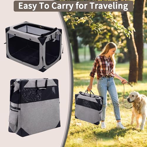 Hiaksedt Dog Crates - 36 Inch Collapsible Soft Dog Crate, 3-Door Foldable Soft Kennel for Large Dogs, Portable Pet Travel Cage with Chew Proof Mesh Window for Outdoors - Thumbnail 3