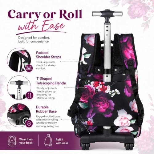 Image of 3Pcs Rolling Backpack for Girls, 19 Inche Rose Roller Bag with Wheels, Adults Wheeled Bookbag Set for Women(Black)