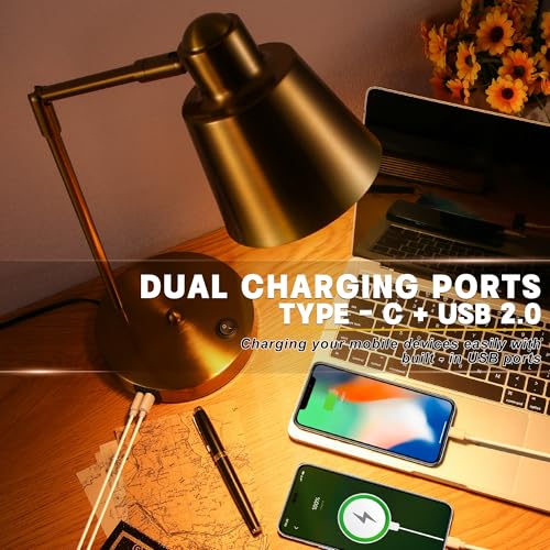 Image of Anxingtools LED Desk Lamp with Dual USB Charging Ports, 100% Metal, 270 Swivel Arms, Soft White Light (3000K), Bedside Reading Lamp, Home Office Lamp(Golden)