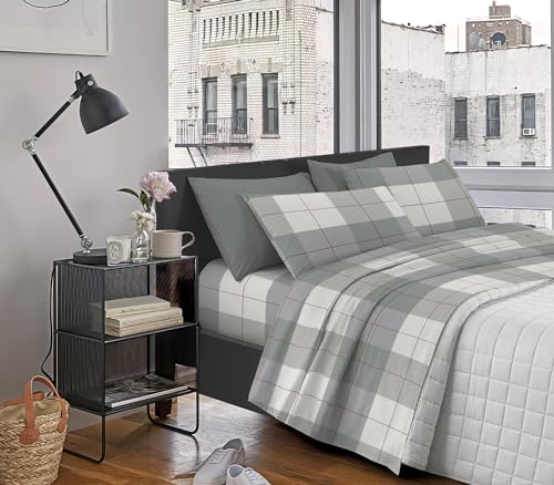 Il Gruppone Passione Casa Completo Letto In Cotone Di Flanella Lenzuola Matrimoniali,Parure, Flanella Calda e Morbida,Anti Pilling Felpato Flanellato - Stv-QuadriGrigi - Matrimoniale