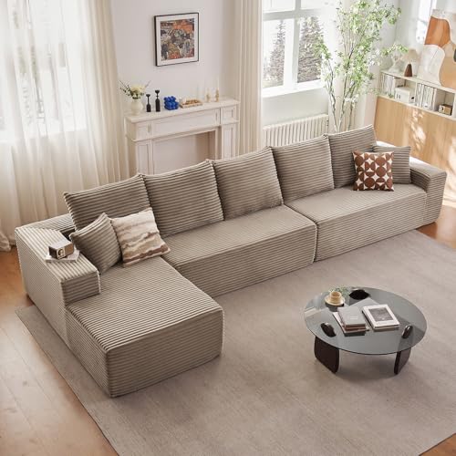 Image of 166.9 inch Cloud Sectional Couch with L-Shape Chaise, Modern Modular Comfy Sofa Chaise Longue, Upholstered Corduroy Couches Sleeper with Deep Seat for Living Room Bedroom, No Assembly Required, Camel