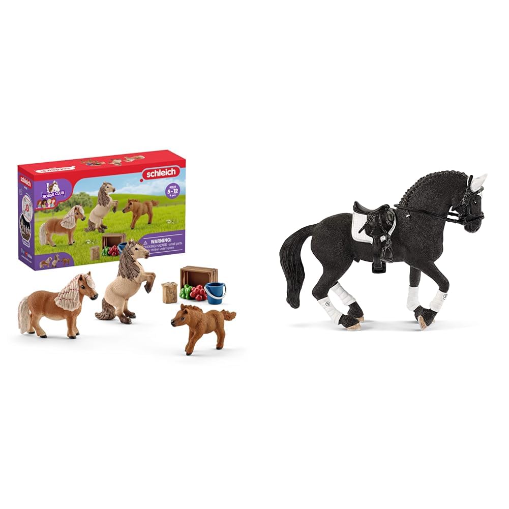 SCHLEICH 41432 Mini Shetty Familie, ab 5 Jahren & Horse Club 42457 4-TLG Turnier Reithengst Spielset - Realistische Pferde Figur