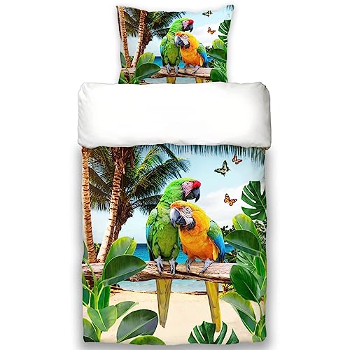 ESPiCO Schwanberg Bettwäsche Paradise Island Papageien Palmen Schmetterlinge Meer Strand Vögel Wendedesign Renforcé, Größe:135 cm x 200 cm