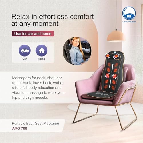 Image of AROGYA Portable Massager with Heat, 4 Roller, Full Back Shiatsu Massage Cushion, Neck & Lumbar Support, Vibration Therapy, Electric Back Massager for Car & Home Use