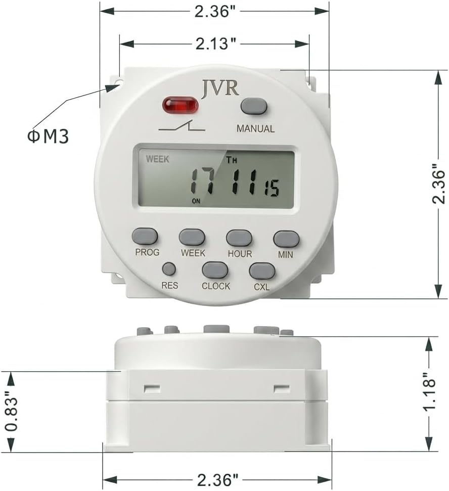 JVR 12V Timer Relay Switch, 12V AC/DC, Solar Battery, 16 Programs | 16 ON/OFF schedules from 1 min to 7 days. Works with 12V AC power or 12V DC solar batteries; retains settings after outages